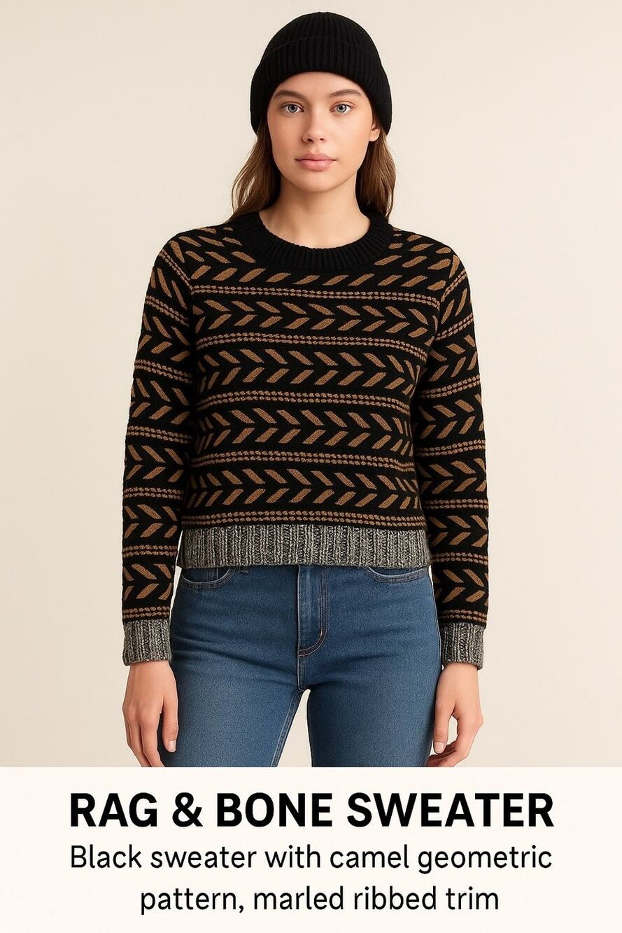 Rag & Bone Metallic Knit Sweater XS | Black Camel Geometric Pattern | Designer